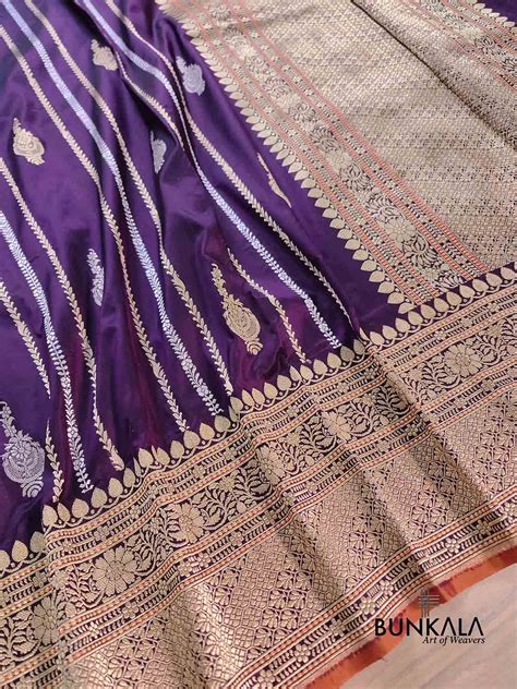 Shop Purple Stripes Pure Katan Silk Handloom Banarasi Saree – BUNKALA