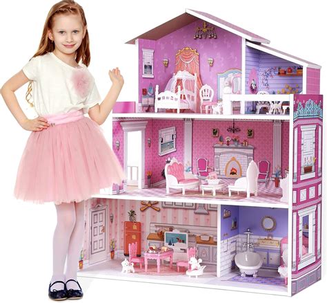 Buy ROBUD Wooden Dollhouse for Kids Doll House with 24pcs Furniture ...
