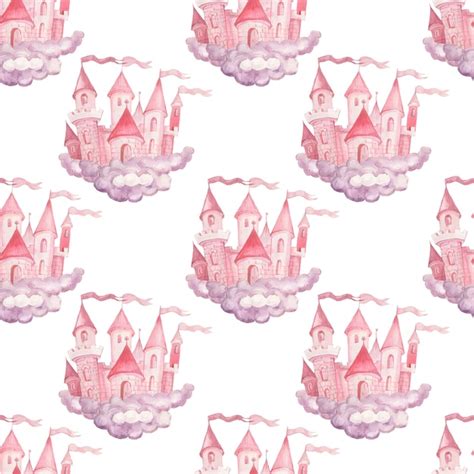 Fairy princess castle hand drawn watercolor illustration seamless set ...