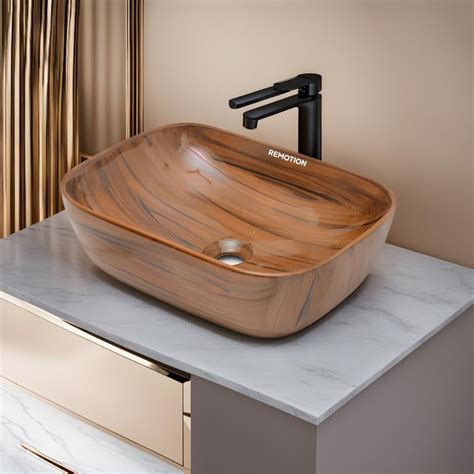 REMOTION Wooden Style Designer Wash Basin Countertop | Tabletop Ceramic ...