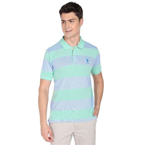 Buy U.S. POLO ASSN. Men Green And Blue Horizontal Stripe Cotton Polo ...