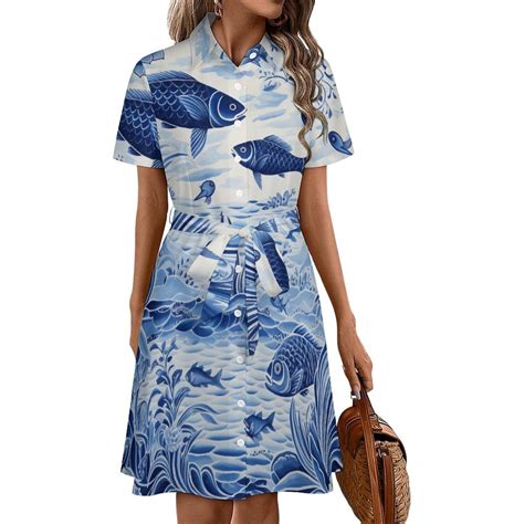Blue Chinoiserie Toile Fish Womens Shirt Dresses Women'S Short Sleeve ...