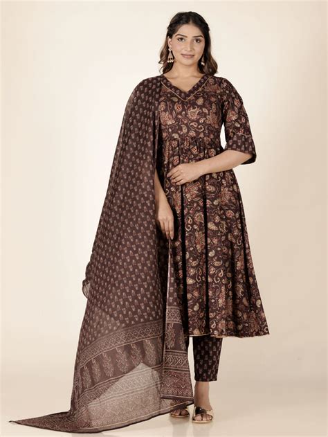 Buy Soft Cotton Gold foil Anarkali Brown Kurta TP3094T | Aramya