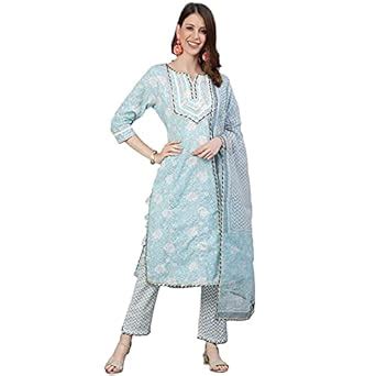 Buy ishin Women's Pure Cotton Embroidered A-Line Kurta suit set With ...