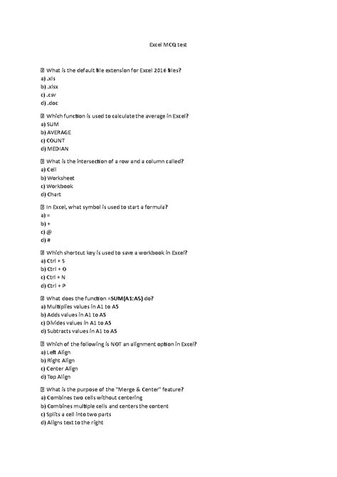 Excel MCQ test - Excel MCQ test What is the default file extension for ...