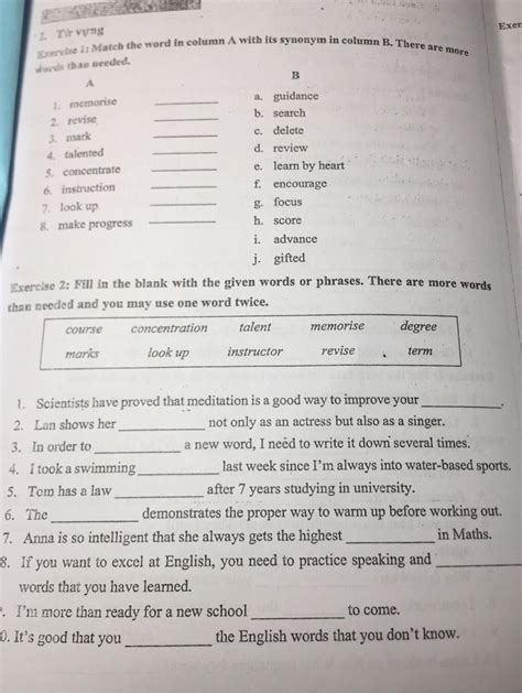 - Từ vựng Exercise 1: Match the word in column A with its synonym in ...