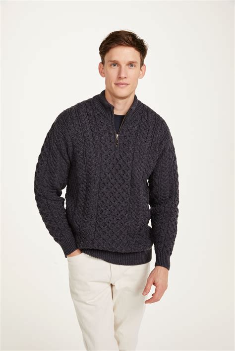 Ballycroy Mens Aran Half Zip Sweater - Grey