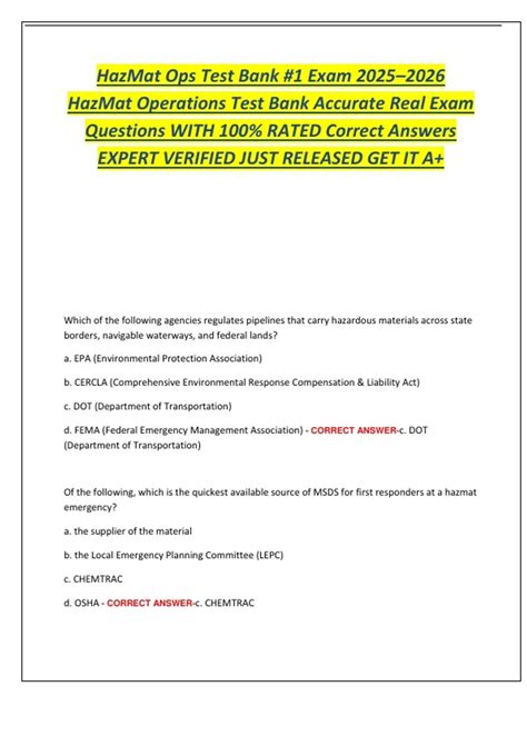 HazMat Ops Test Bank #1 Exam 2025–2026 HazMat Operations Test Bank ...