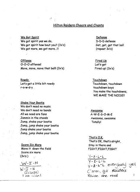 Cheers Hilton Raiders Cheers and Chants We Got Spirit Defense We ...