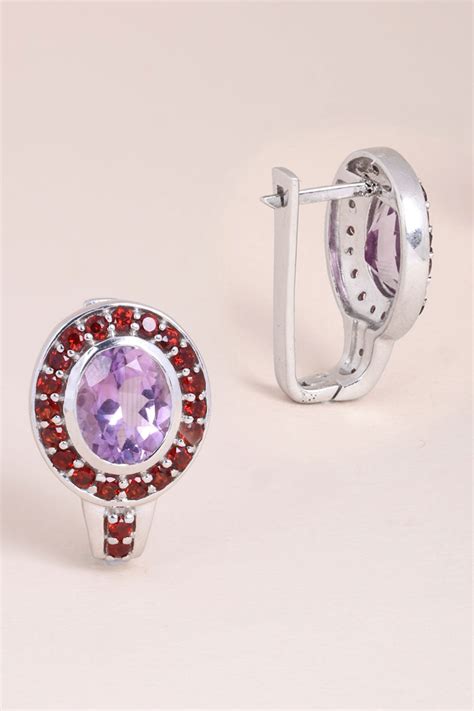 Amethyst (Brazil) Garnet Round Sterling Silver Hoop Earring |Avishya.com