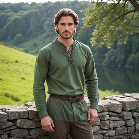 Men's Medieval Tunic With Lace-up Collar Green Renaissance Viking Shirt ...