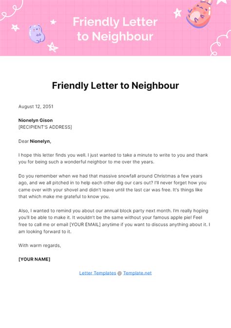 Free Friendly Letter to Neighbor Template to Edit Online