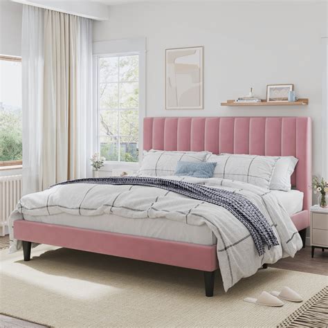 SHA CERLIN Upholstered King Size Platform Bed Frame with Velvet ...