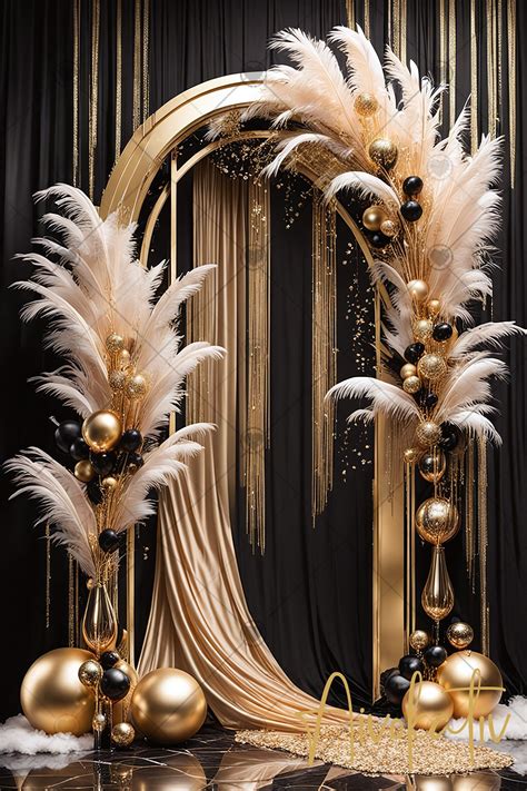 Elegant Black & Gold Digital Photography Backdrop Feathers and Pampas Digital Background Festive ...