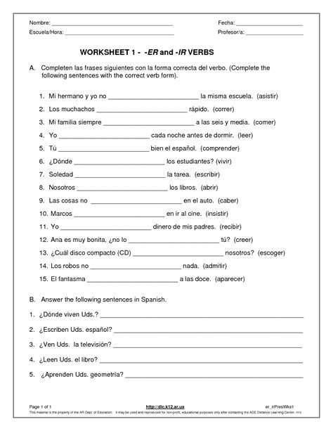 AR ER IR Verb Practice Worksheet: Engage and Enhance Your Spanish Skills