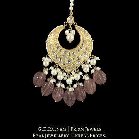 23k Gold and Diamond Polki Maang Tika With Pearls and Strawberry Quart ...