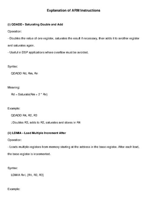 ARM Instructions Explanation: QDADD, LDMIA, BEQ, LSR Operations - Studocu
