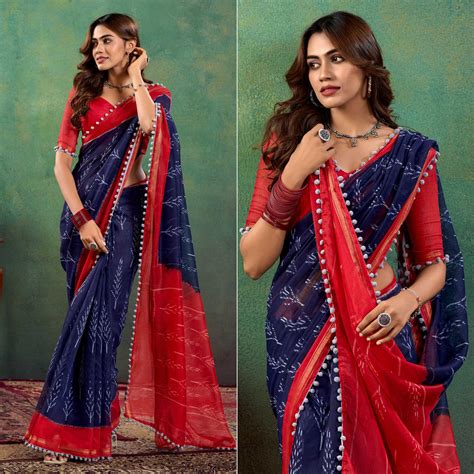 Blue Ikkat Printed Mul Mul Cotton Saree