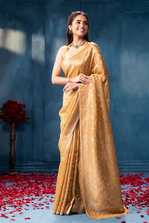 Golden Sequins and Resham Embroidered Metallic Tissue Saree – Meena ...