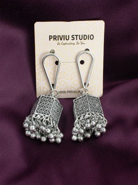 Silver Plated Oxidised Dome Shaped Jhumkas – PRIVIU