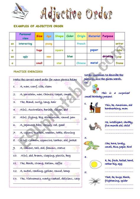 Image result for Printable Adjective Order Worksheet