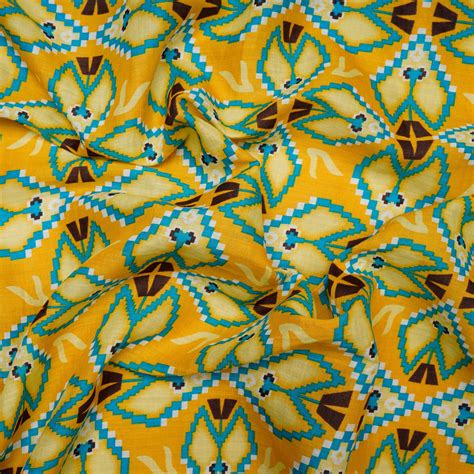 Buy (Pre Cut 0.80 Mtr )Yellow-Blue Geometrical Pattern Printed Linen ...