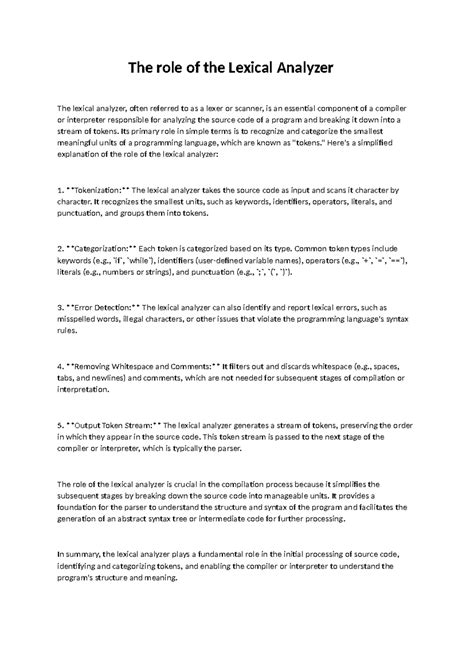 The role of the Lexical analyzer - Its primary role in simple terms is ...