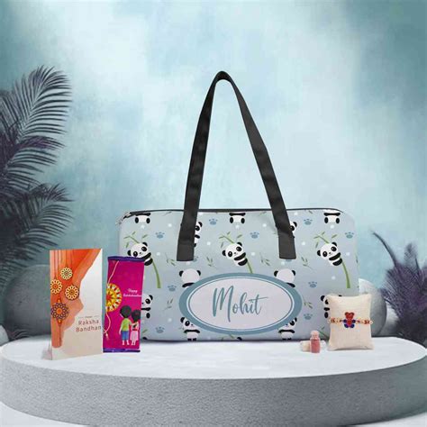 Personalised Duffle Bag & Panda Cartoon Rakhi Gift Combo for Kids ...
