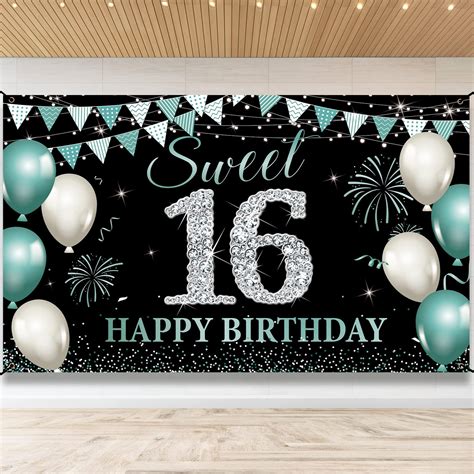 Amazon.com: Avezano Sweet 16 Birtdhay Banner Teal Silver Sweet Sixteen ...