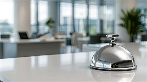 A polished marble counter features a gold service bell in a luxurious ...