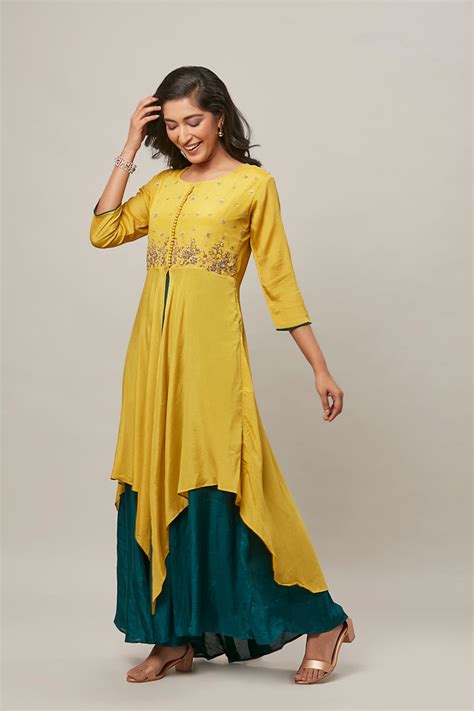 Urban Mystic Yellow Colored Double Layered Party Wear Embroidered Kurt ...
