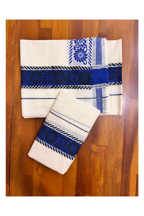 Kerala Pure Cotton Set Mundu Single (Mundum Neriyathum) with Black Blo ...