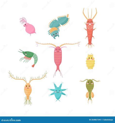 Pequeños Crustáceos Zooplankton Lindos Personajes Graciosos Conjunto Vector Plano Aislado ...