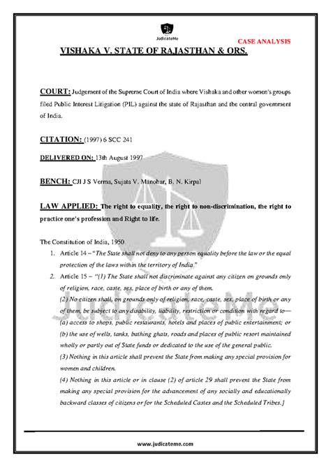 CASE ANALYSIS: Vishaka v. State of Rajasthan (1997) - Supreme Court ...