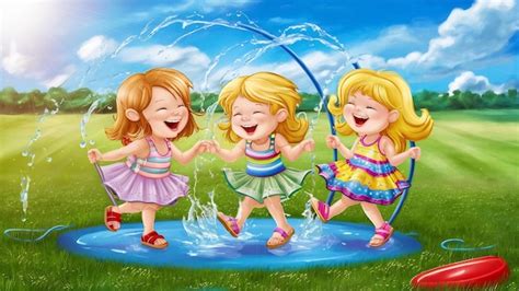 The cute little blond girls playing with water splashes on the field in ...