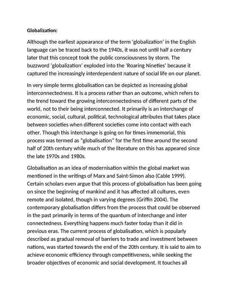 Unit 1 - Globalization: Although the earliest appearance of the term ...