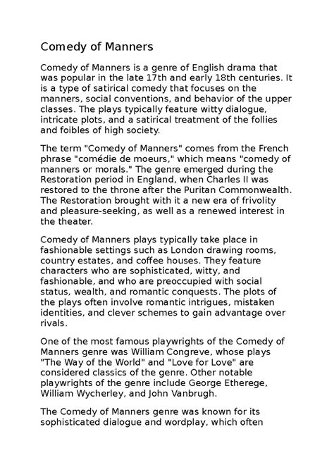 Comedy of Manners - Comedy of Manners Comedy of Manners is a genre of ...