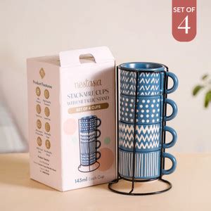 Nestasia Pack of 4 Ceramic Set of 4 Stackable Ceramic Cups 100ml ...