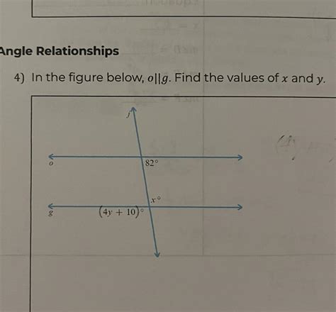 In the figure below ollg Find the values of x and y Y DO g 4y 10 O 82
