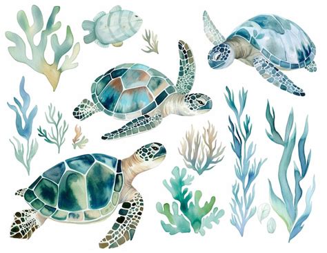 Watercolor set of cute underwater turtles and algae for cute baby ...