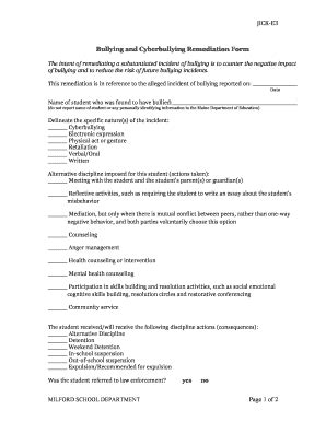 Fillable Online Bullying and Cyberbullying Remediation Form - Dr. Lewis ...