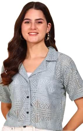 Buy Women Short Sleeve Net Shirt, Light Grey Lace Crochet Button Front ...