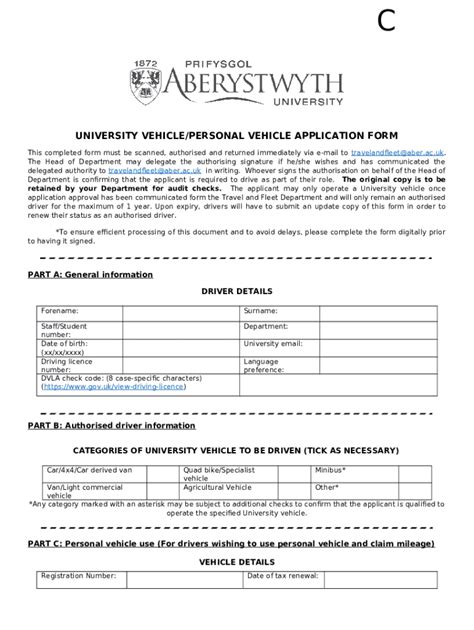Application for University vehicles Doc Template | pdfFiller