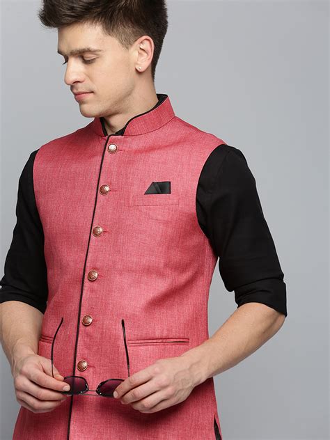 SHOWOFF Men's Mandarin Collar Solid Coral Nehru Jacket