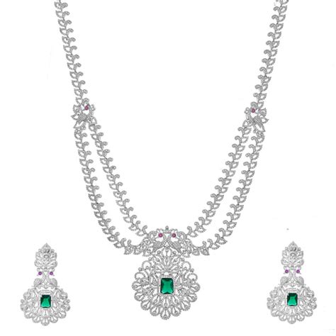 Sparkling Opulance Emerald Plume American Diamond Necklace Set – VOYLLA