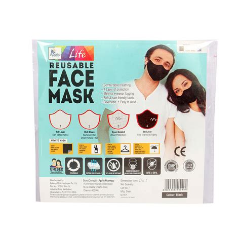 Apollo Life Reusable 4ply Black Face Mask, 2 Count Price, Uses, Side ...