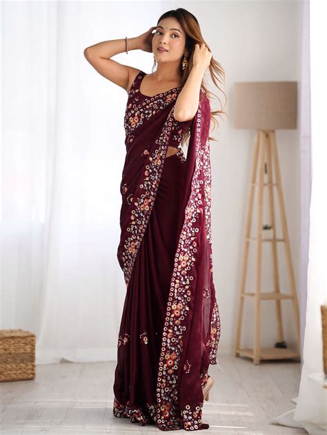 Buy Wine Floral Embroidered Satin Party Wear Saree From Ethnic Plus