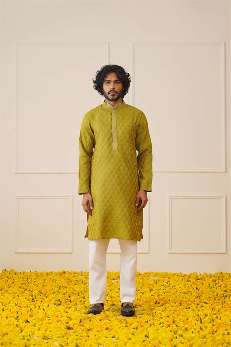 Men Olive Green and White Woven Design Kurtas – Jompers