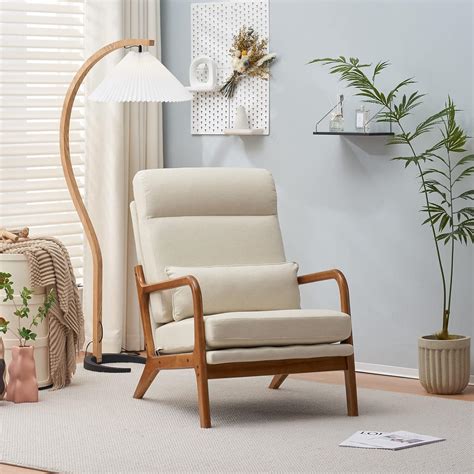 Buy Bonnlo High Back Linen Beige Mid Century Modern Accent Chair, Soild ...
