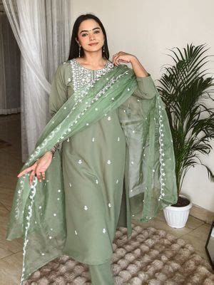 Buy Janasya Women Green Silk Blend Embroidered Kurta & Pant with ...